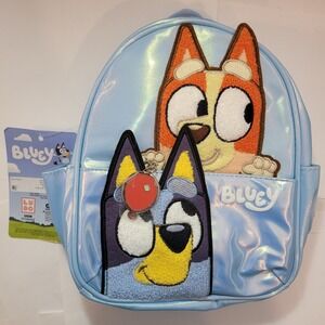 Bluey Backpack Kids Iridescent Blue Faux Leather Chenille Patch Mini Bag NEW